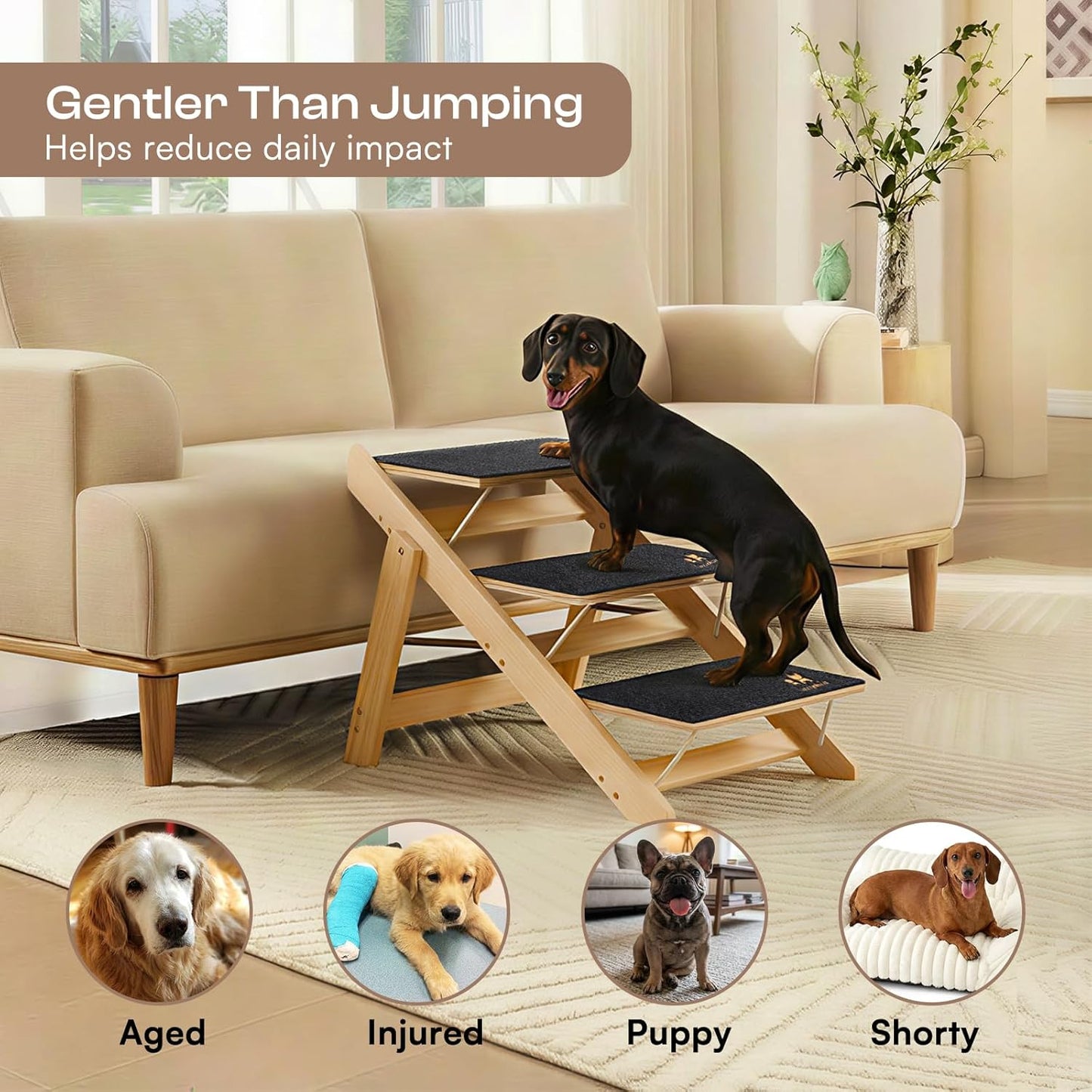 Luciphia Wooden Dog Stairs for Small Dogs 2-in-1 Foldable Dog Steps for Beds Cars Couch Anti-Slip Pet Ramp with 3 Steps Indoor Pet Stairs for Medium Large Older Pets Cats up to 220lbs