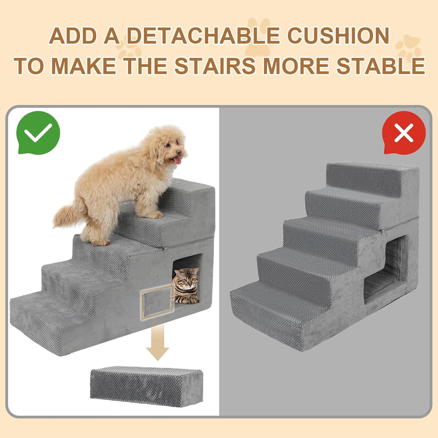 Dog Stairs for Small Dogs, 6-Step Dog Steps for High Bed, High-Density Foam Pet Stairs with Non-Slip Removable Washable Cover to Get on Bed
