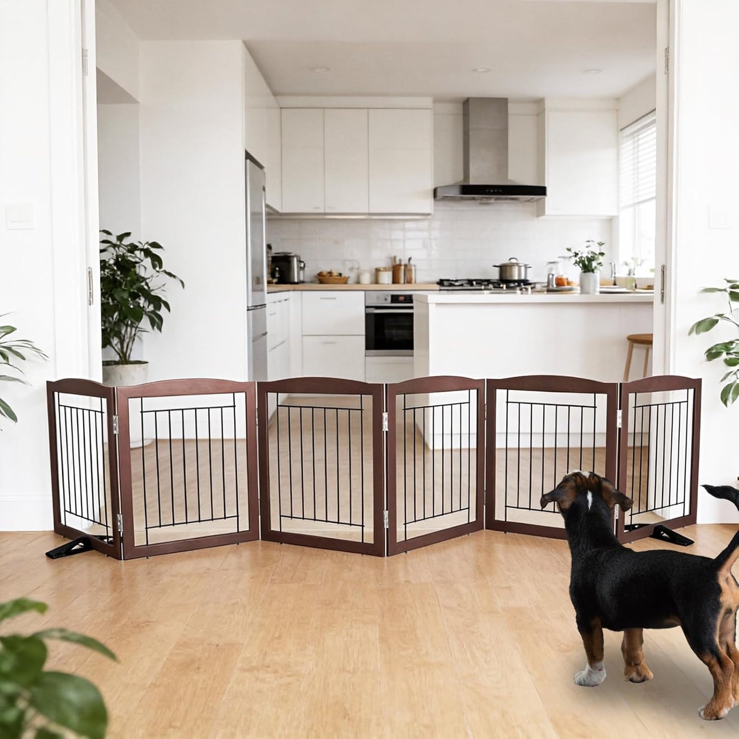 ZJSF Freestanding Dog Fence Indoor, Foldable Dog Gate for Doorways, Stairs or Hallways, Sturdy Wood Extra Wide Pet Gate with Support Feet for The House, White, 24 "Height-3 Panels