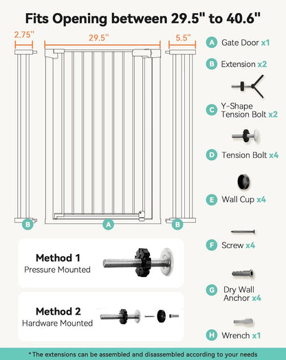 COMOMY 42" Extra Tall Baby Gate for Stairs Doorways, Fits Openings 29.5" to 40.6" Wide, Auto Close Sturdy Safety Dog Gate for House, Pressure Mounted Easy Walk Through Pet Gate with Door, White