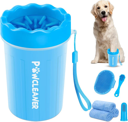 Professional 7 in 1 Dog Paw Cleaner for Dogs & Cats - Includes 1 Portable Paw Washer, 1 Bath Brush, 2 Dog Toothbrushes and 3 Absorbent Towels Note: Fits Paws up to 2 Inches Wide (Small, Blue)