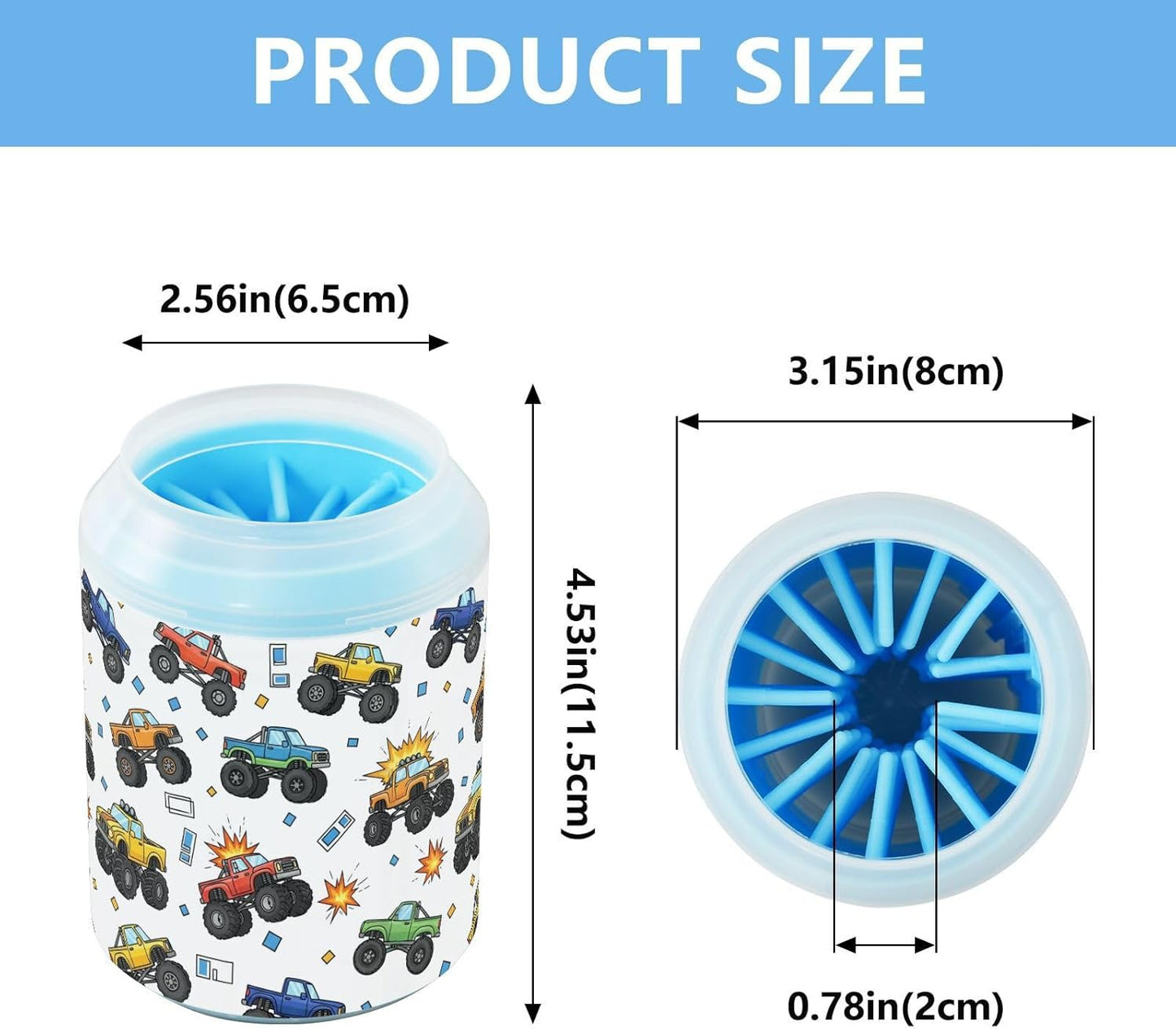 Monster Trucks White Pattern Dog Paw Cleaner Cup with Soft Silicone Brush, Lightweight Small Portable Muddy Paw Washer for Dogs, Easy to Use Pet Foot Cleaner