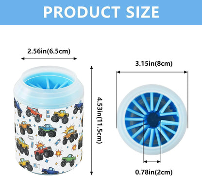 Monster Trucks White Pattern Dog Paw Cleaner Cup with Soft Silicone Brush, Lightweight Small Portable Muddy Paw Washer for Dogs, Easy to Use Pet Foot Cleaner