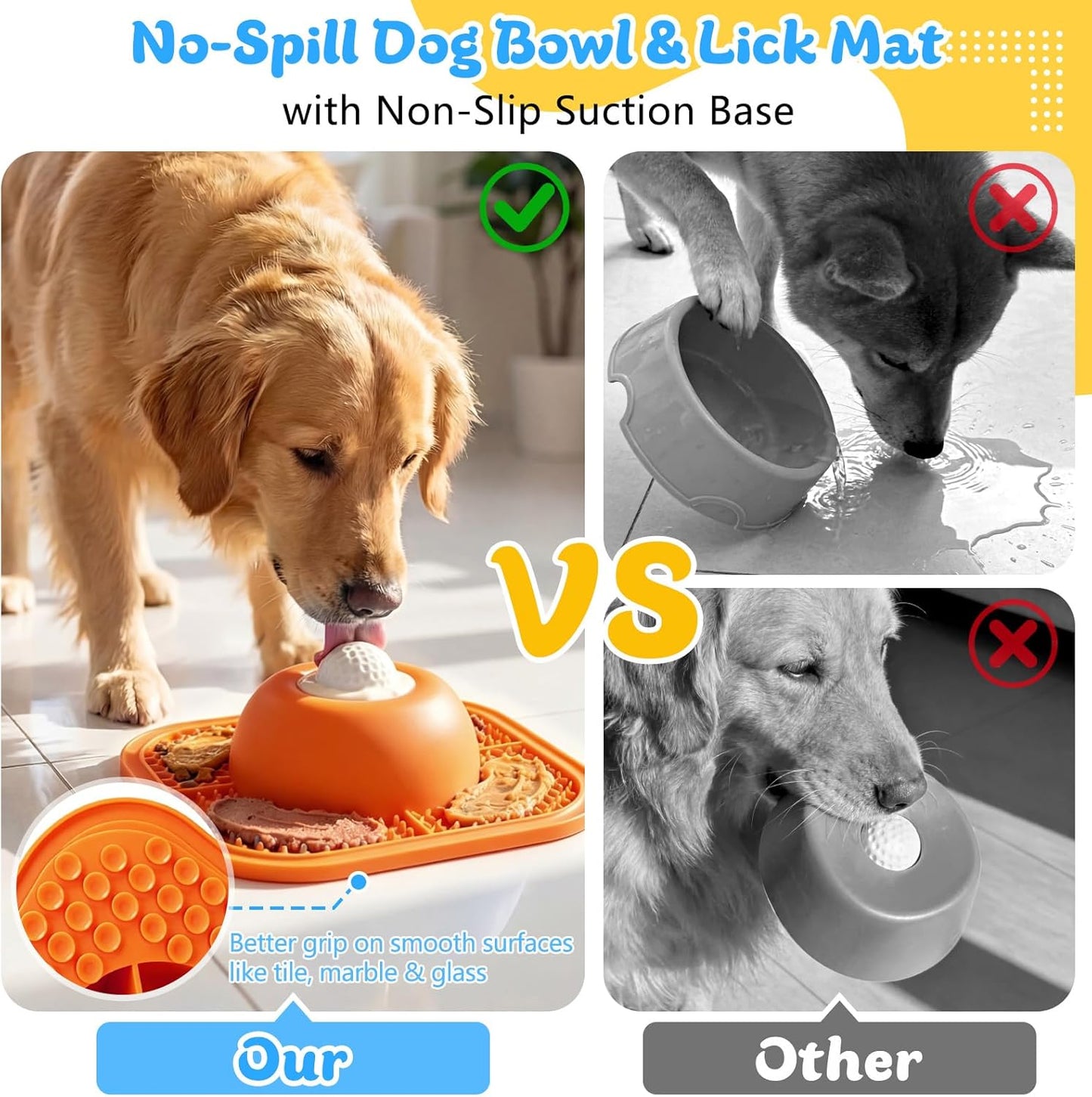 Slow Feeder Dog Bowls & Lick Mat for Liquid and Thick Treat, Anti-Slip Dog Lick Bowl with Interactive Rolling Ball, 5/6 Cup Pup Licking Toy for Large Medium Small Dogs and Cats Blue