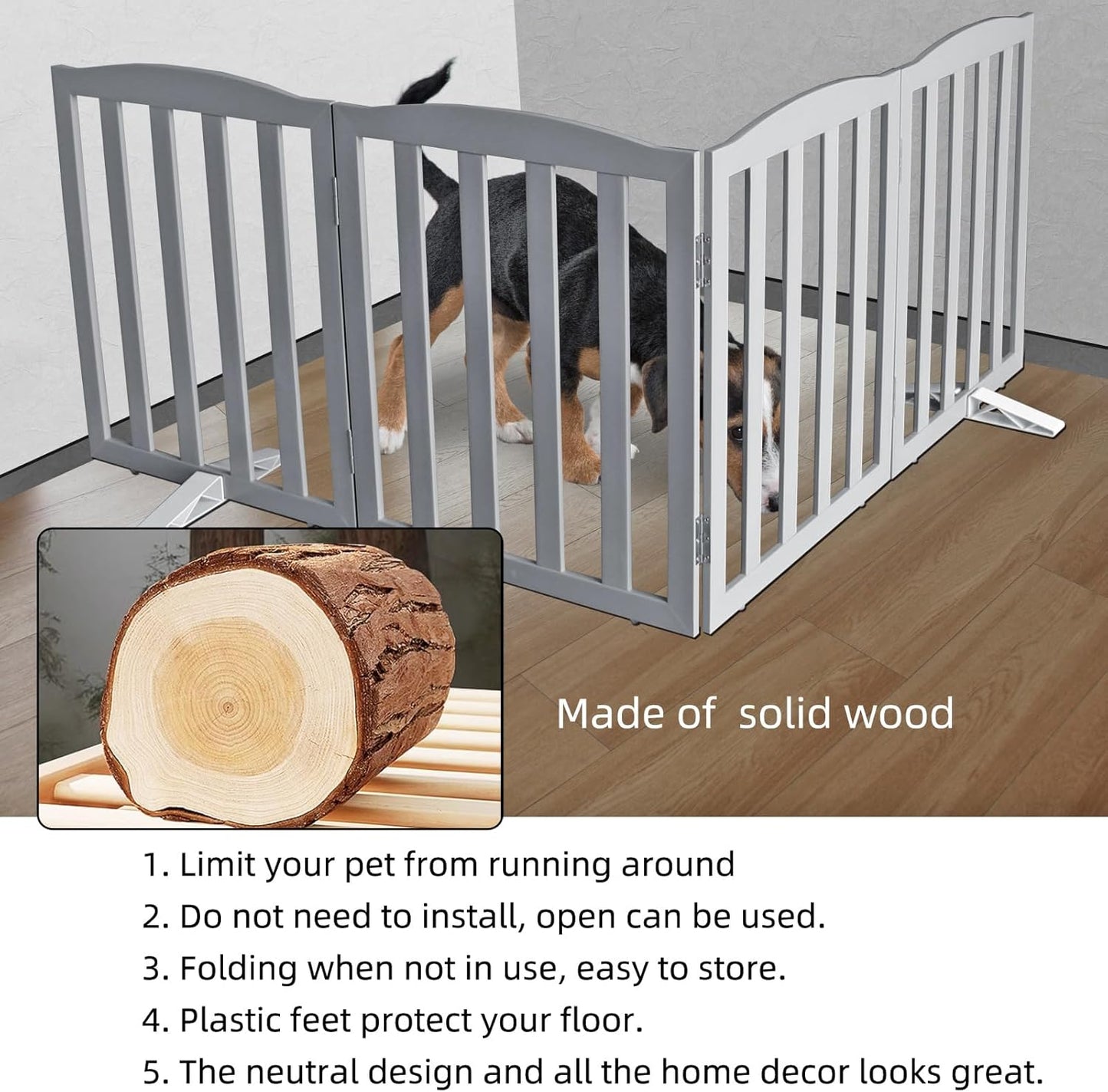 ZJSF Foldable Freestanding Indoor Dog Gate for House Wood White Long Pet Gates Dog Fence for Stairs Puppy Gates for Hallways,Pet Fence, Puppy Gate,Support Feet Included 24 "Height-3 Panels