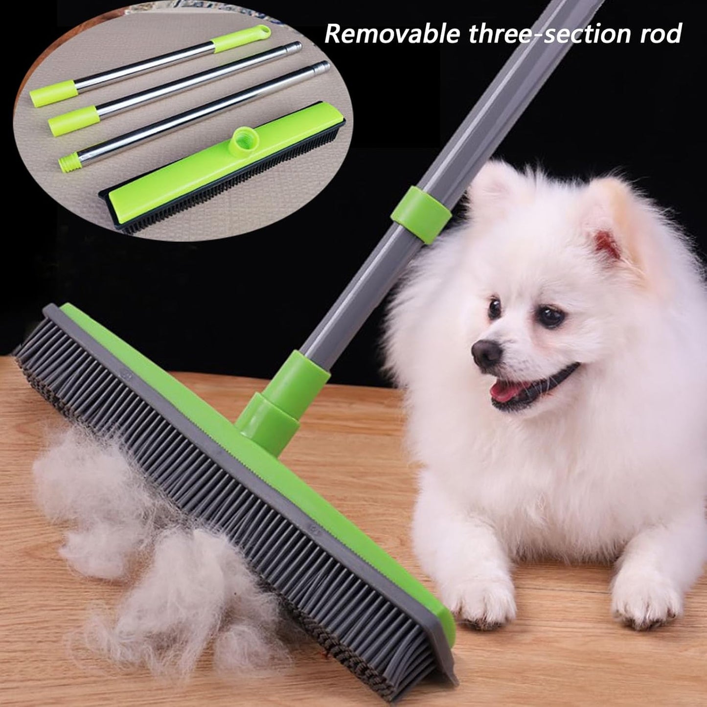 Pet Hair Rubber Broom, Rubber Broom for Pet Hair On Carpet, Pets Hairs Removal Broom with 49" Adjustable Handle, Soft Push Broom with Squeegee for Carpet, Hardwood Floor, Tile (E)