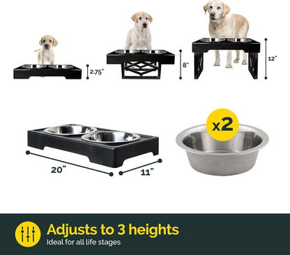 Pet Zone Elevated Dog Bowls Designer Diner 3 Height Adjustable Raised Dog Bowl Stand with 2 Stainless Steel Bowls (7 Cup Capacity Each)