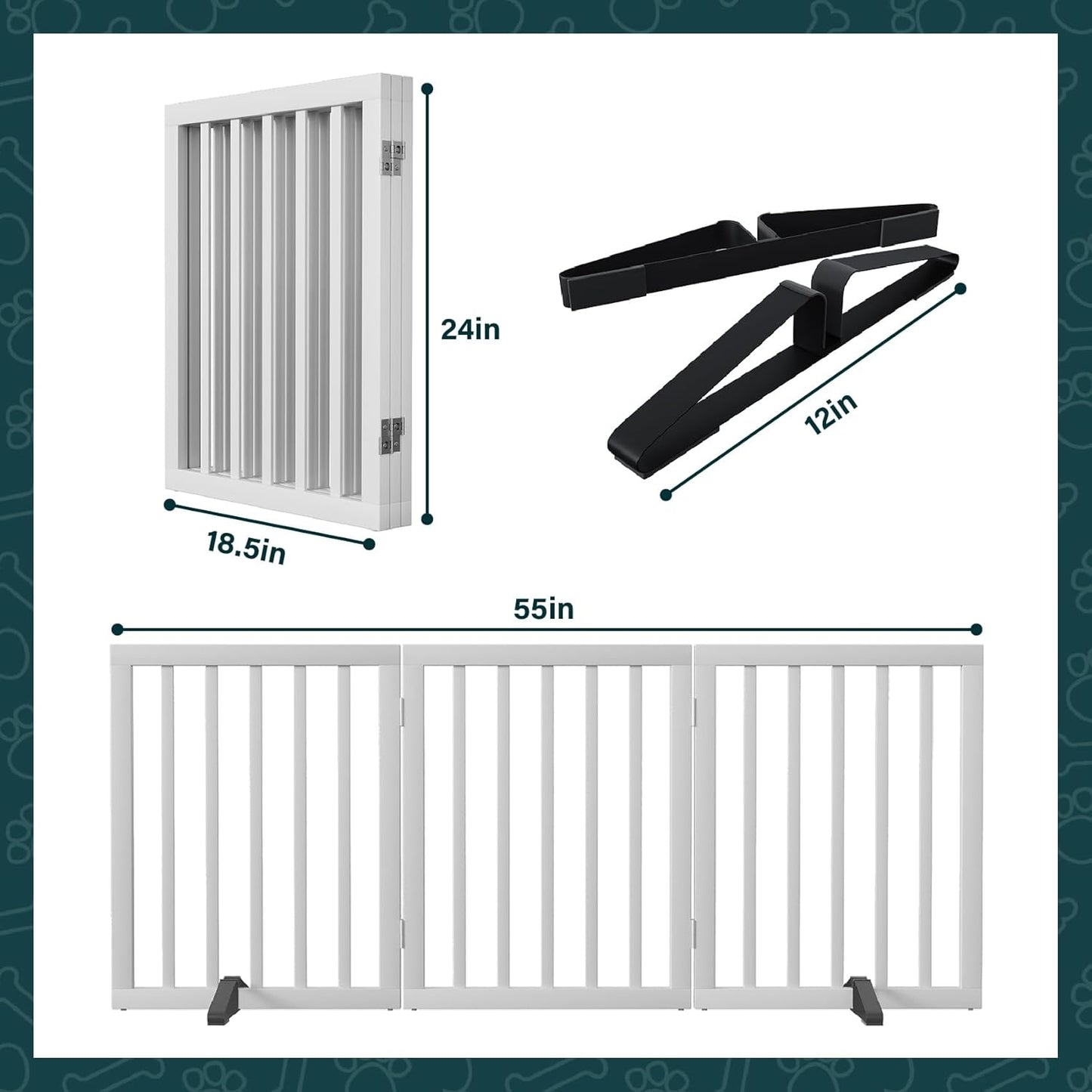 Freestanding Dog Gates Indoor, 3-Panel Pet Gates with 2 Metal Stands and 360° Hinge, 24" H Foldable Dog Gate for Stairs, Doorway, Kitchen, Expands Up to 55" Fully Assembled - Black Walnut