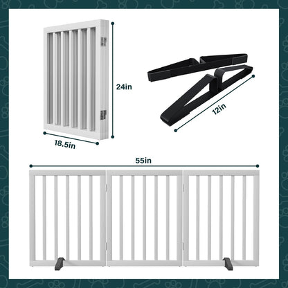 Freestanding Dog Gates Indoor, 3-Panel Pet Gates with 2 Metal Stands and 360° Hinge, 24" H Foldable Dog Gate for Stairs, Doorway, Kitchen, Expands Up to 55" Fully Assembled - Black Walnut