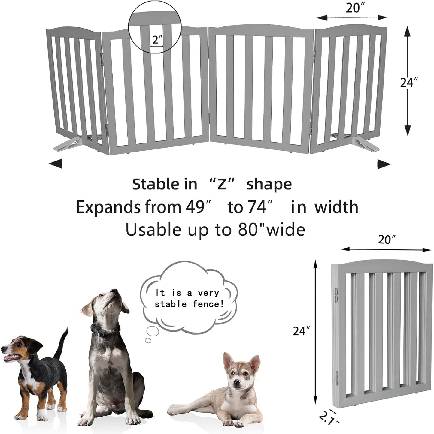 Freestanding Dog Gate Indoor,Doggie Gate Foldable Dog Gates for Doorways,Stairs or Hallways, Wooden White Pet Gate for the House, Pet Fence with Support Feet Included,24 "Height-4 Panels