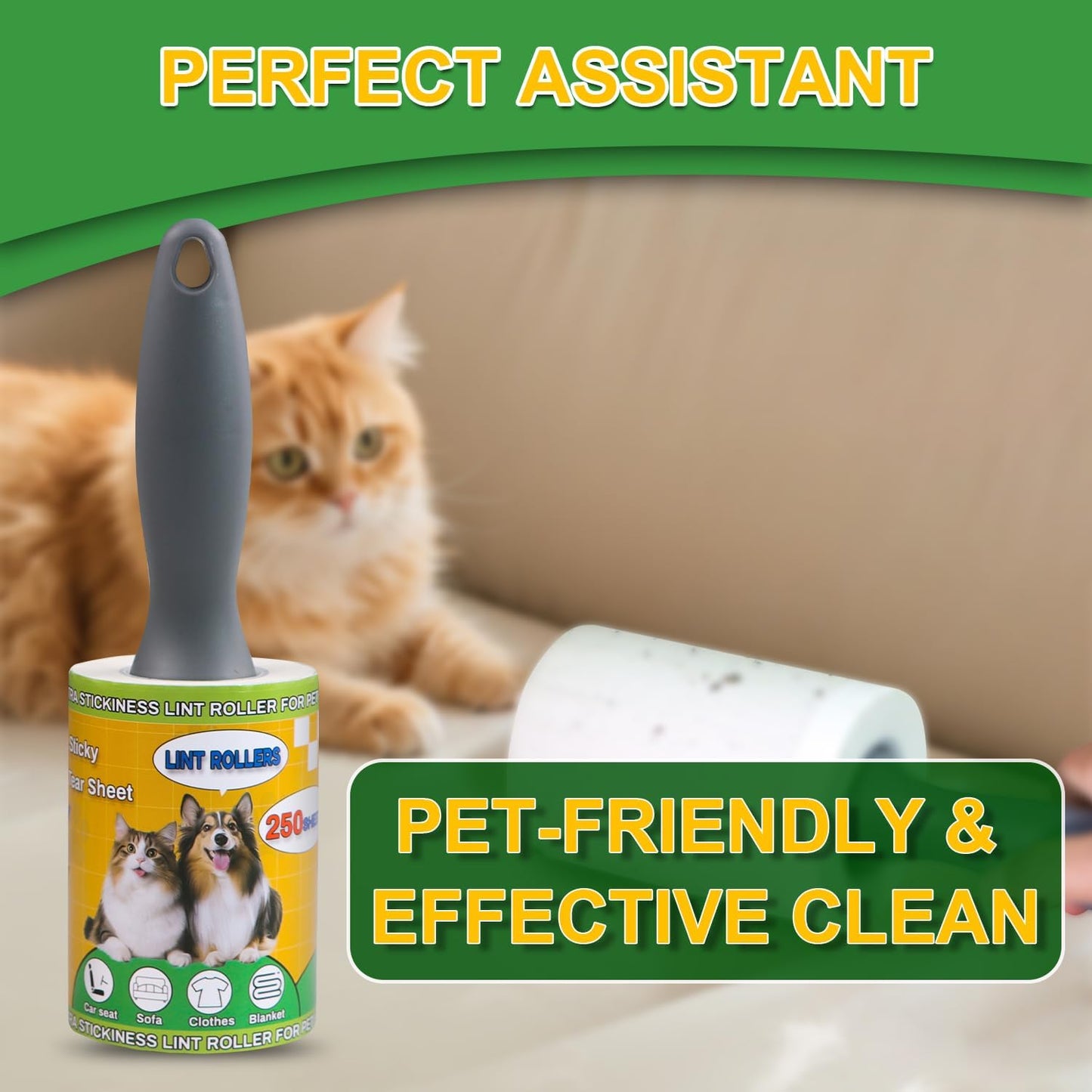 Lint Roller Pet Hair Value Pack of 250 Sheets, Extra Sticky Lint Remover for Dog & Cat Fur, Clothes, Furniture, Couches Reusable Lint Remover for Fuzz, Fluff & Hair(White)