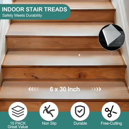Outdoor Stair Treads Non Slip for Wooden Steps 6" x 30" - 15 Pack Weather Resistant Exterior Grip Tape, Non Slip Stair Treads, Anti Skid Strips, Waterproof 80-Grit High Traction Adhesive Treads, Black