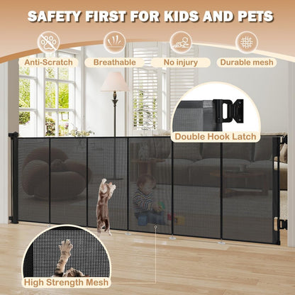 SMONTER Extra Wide Retractable Dog Gates, Mesh Baby Gate with Support Rods Extend to 118" Wide 33" Tall, Portable Safety Retractable Gate for Stairs, Indoor/Outdoor, Black
