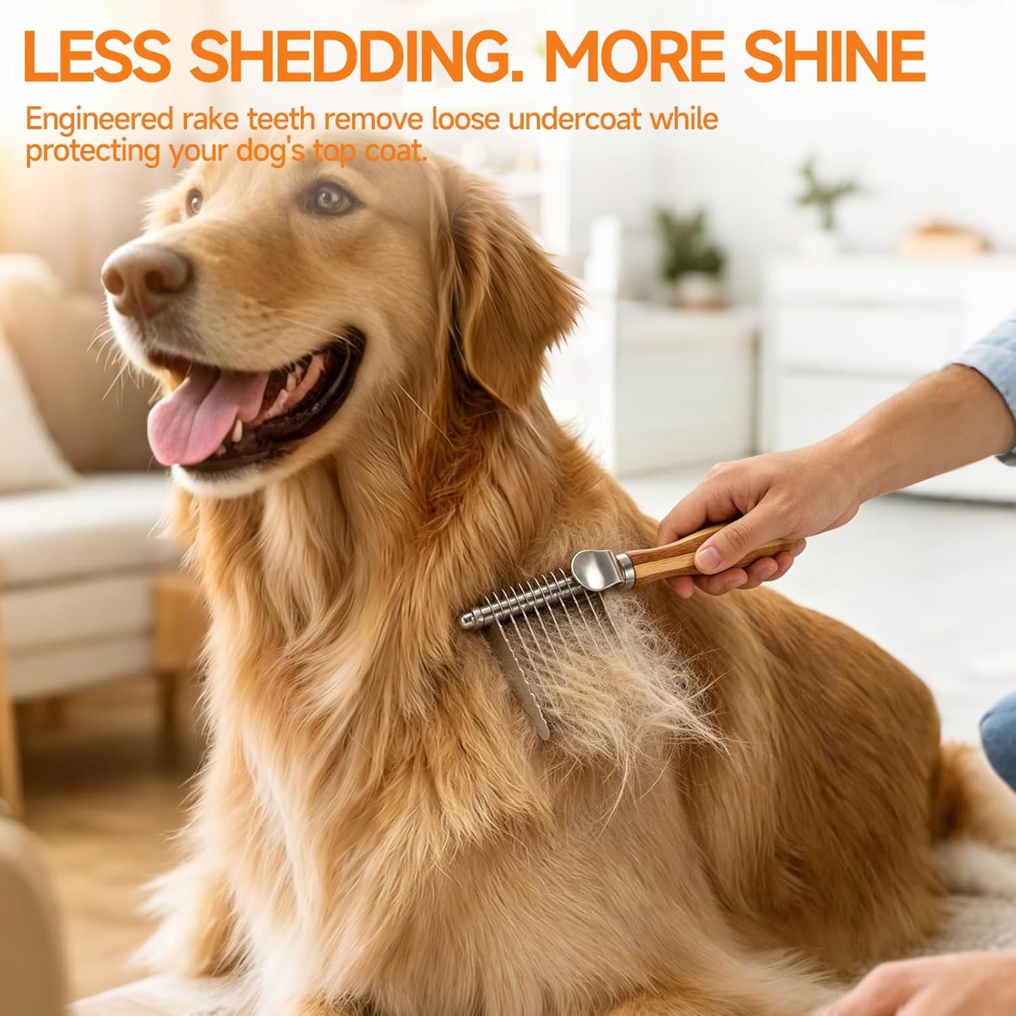 Pet Dematting Comb with Bamboo Handle, Dog Cat Grooming Brush for Removing Mats, Knots, Tangles & Loose Fur, Stainless Steel Undercoat Rake for Long & Short Haired Pets