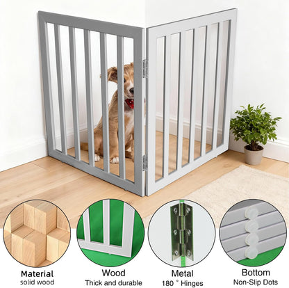 ZJSF Freestanding Indoor Dog Gate for House Foldable Wood Brown Puppy Gate for Doorways Pet Gate for Stairs Extra Wide Pet Fence 24" Height 2 Panels