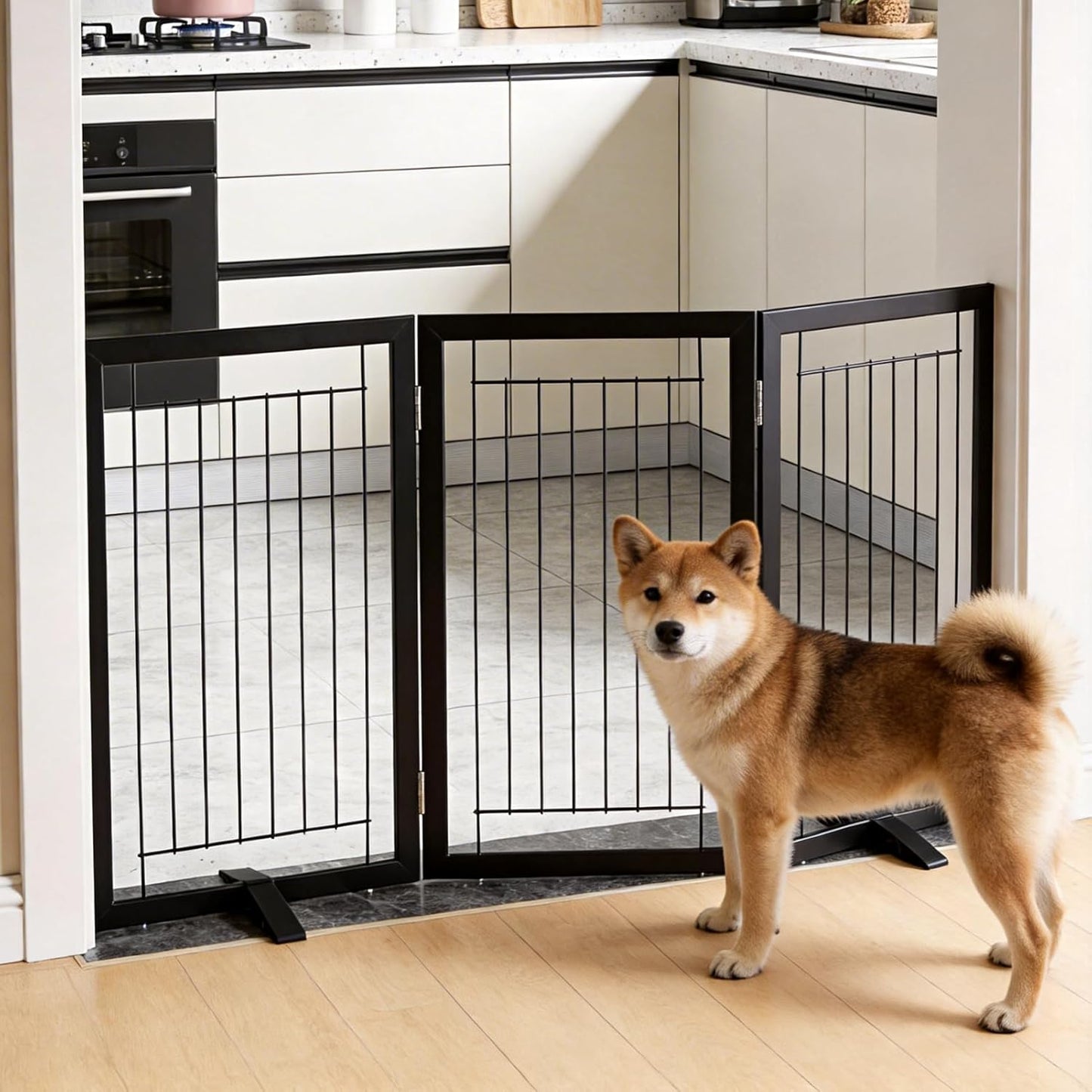 ZJSF Freestanding Dog Gate Indoor, Foldable Dog Fence for Doorways,Hallways or Stairs, Sturdy Wood Extra Wide Pet Gate with Support Feet,Black,24 "Height-3 Panels
