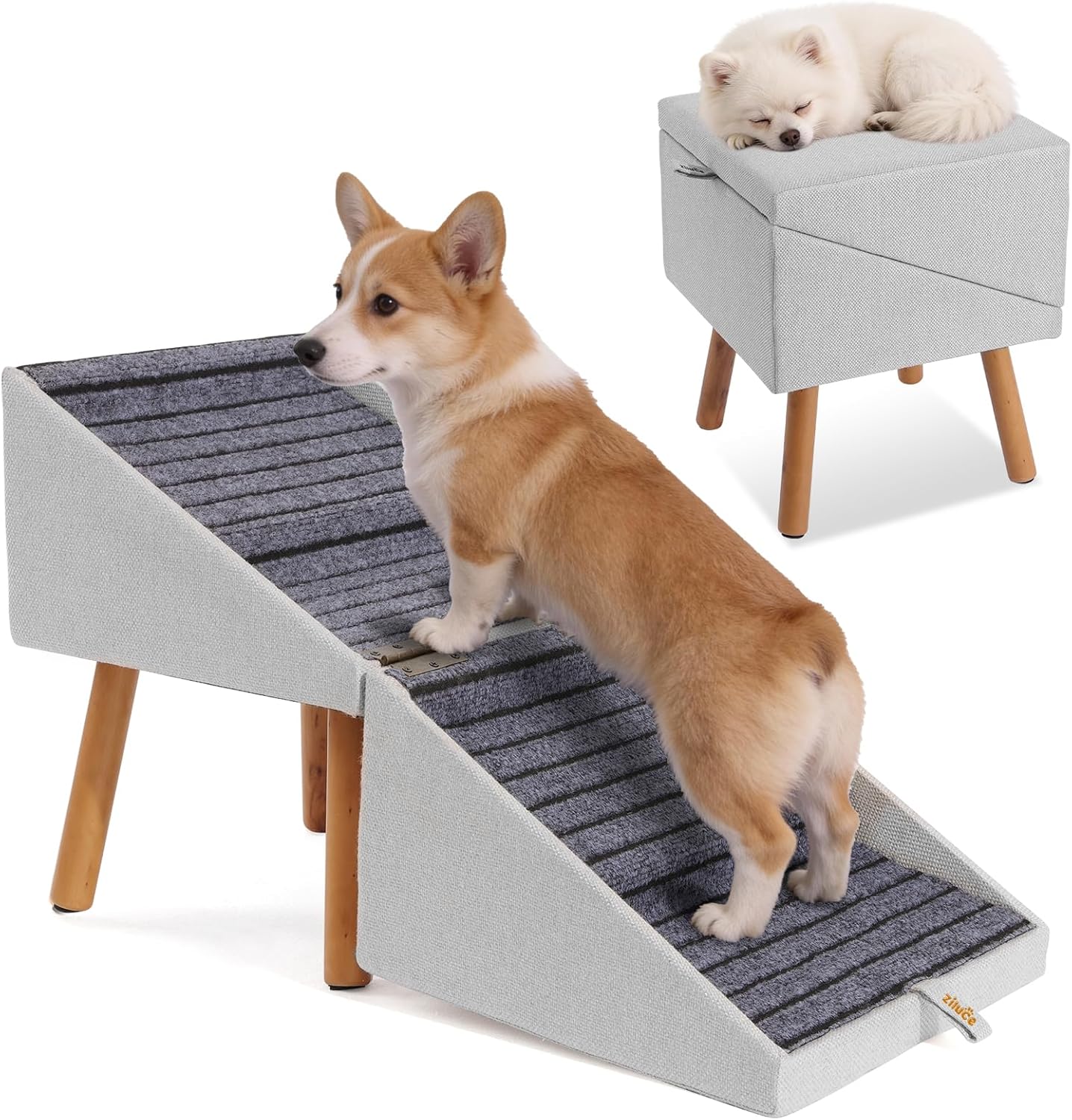 17.13" H Dog Stairs for Small Dogs, 2-in-1 Pet Steps & Ottoman - Foldable Dog Stairs for Couch, Non-Slip Wooden Pet Stairs for Puppy Senior Injured Dogs
