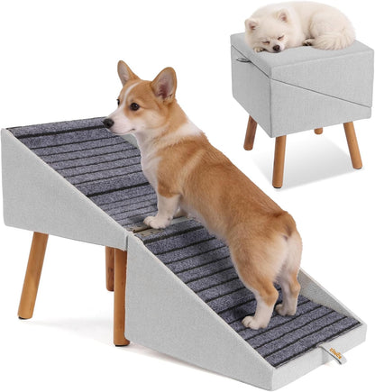 17.13" H Dog Stairs for Small Dogs, 2-in-1 Pet Steps & Ottoman - Foldable Dog Stairs for Couch, Non-Slip Wooden Pet Stairs for Puppy Senior Injured Dogs