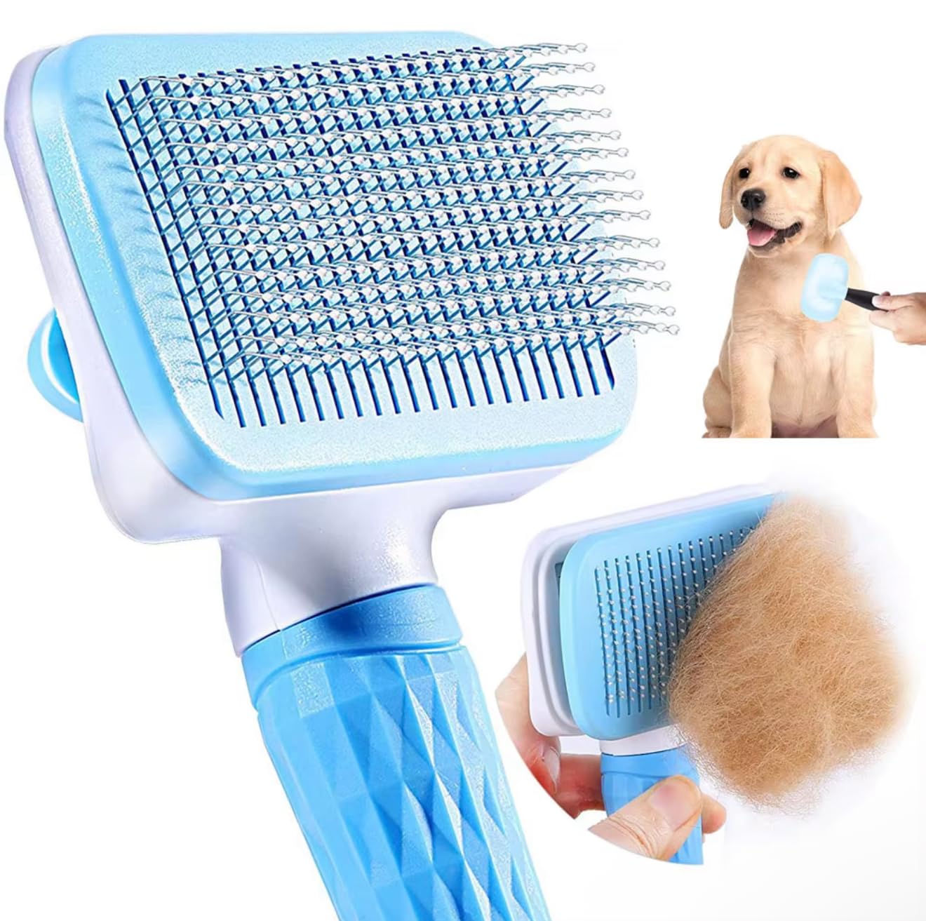 We Love Doodles Professional Slicker Brush for Goldendoodles and Long-Haired Dogs, Self-Cleaning Grooming Tool with Ergonomic Handle, Fine Wire Bristles, Blue (Blue)