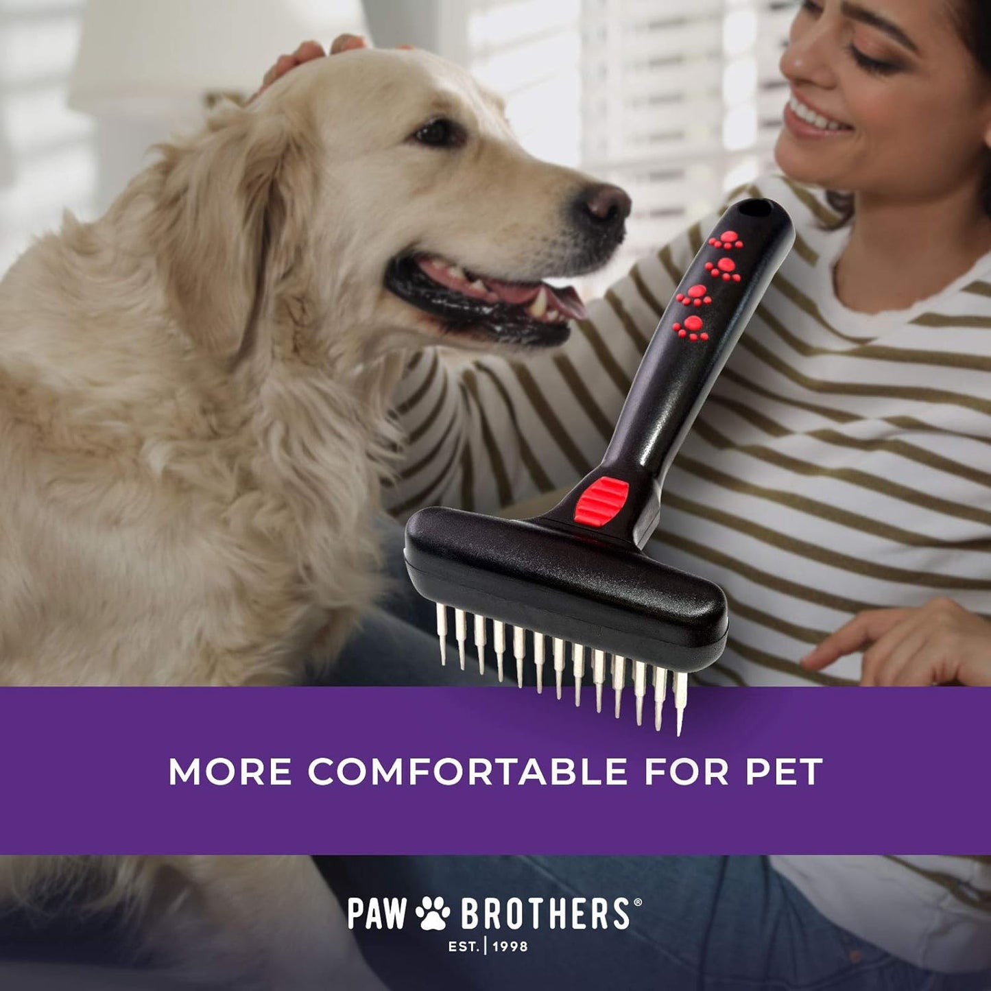 RYAN'S PET SUPPLIES Paw Brothers Magic Spring Undercoat Rake for Dogs, Professional Grade Grooming Tool, Stainless Steel Pins, Removes Tangles and Mats, Comfort Grip, 4.5 in.