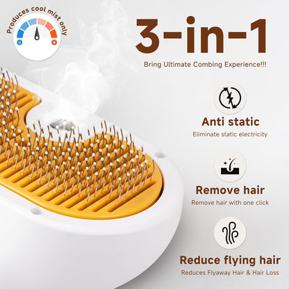 Pet Steam Brush for Dog & Cat - 3-in-1 Steam Grooming Brush for Shedding & Hair Removal - Self Cleaning Spray Comb with Mist for Long Haired Pets - Includes 1*Waterless Shampoo, Blue.