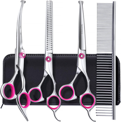 Gimars Titanium Coated Professional 6 in 1 4CR Stainless Steel Dog Grooming Scissors with Safety Round Tip, Heavy Duty Pet Grooming Scissor for Dogs, Cats and Other Animals