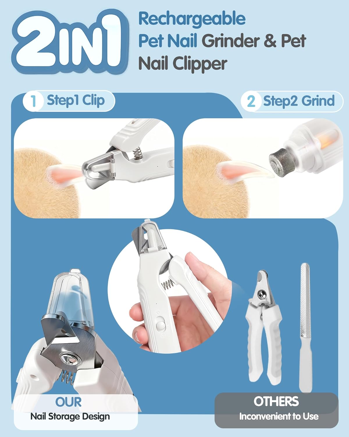 2-in-1 Dog Nail Clippers & Grinder with LED Light, Quiet Electric Pet Nail Trimmer for Large Medium Small Dogs Cats, Rechargeable Safety Guard for Black Nails, Painless Grooming Kit