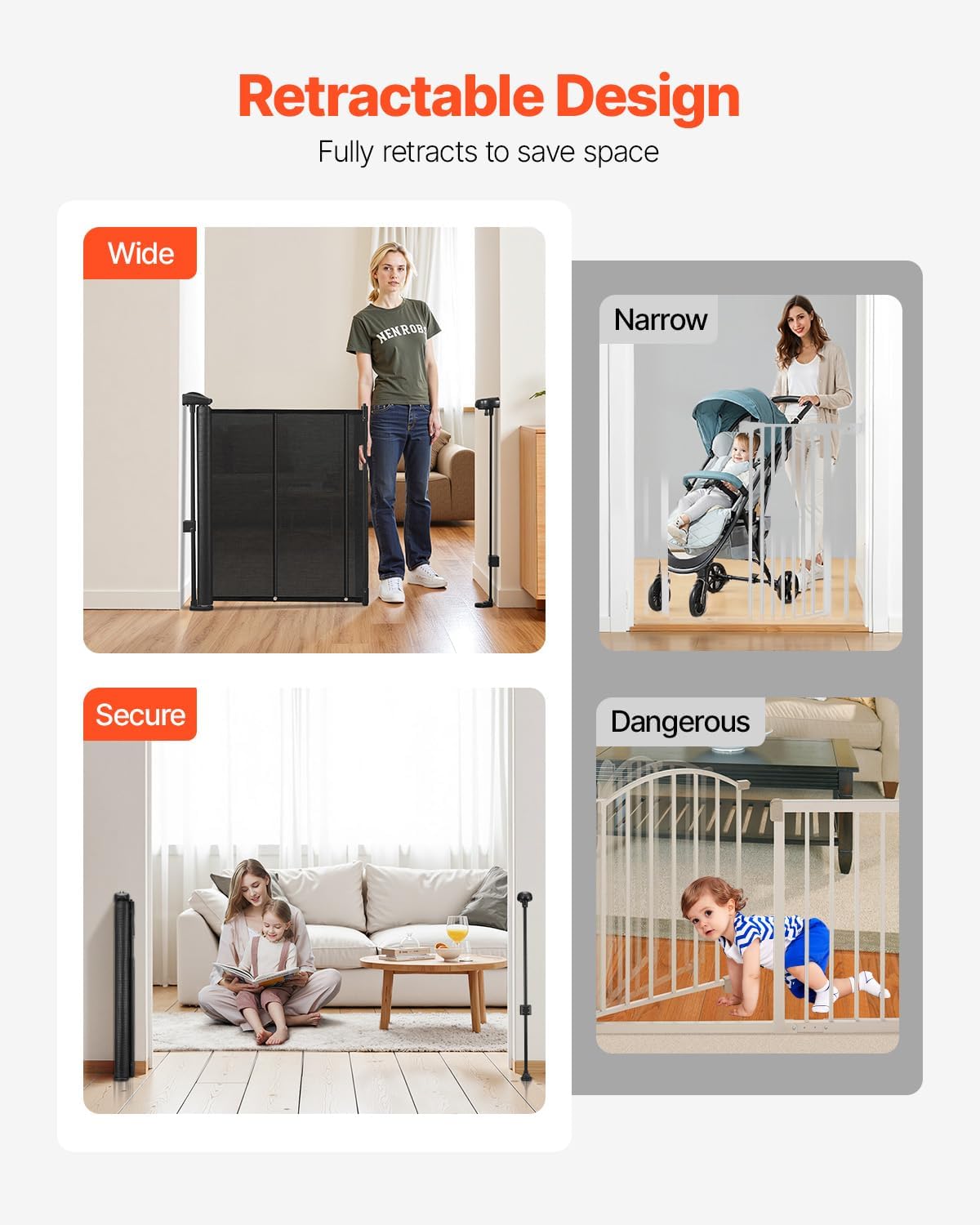 VEVOR Retractable Baby Gate, 34 inch Tall, Extends up to 110 inch Wide, Retractable Gate for Kids or Pets, Mesh Material, Easy to Install for Indoor Stairs, Doorways, Hallways, Playrooms, Gray