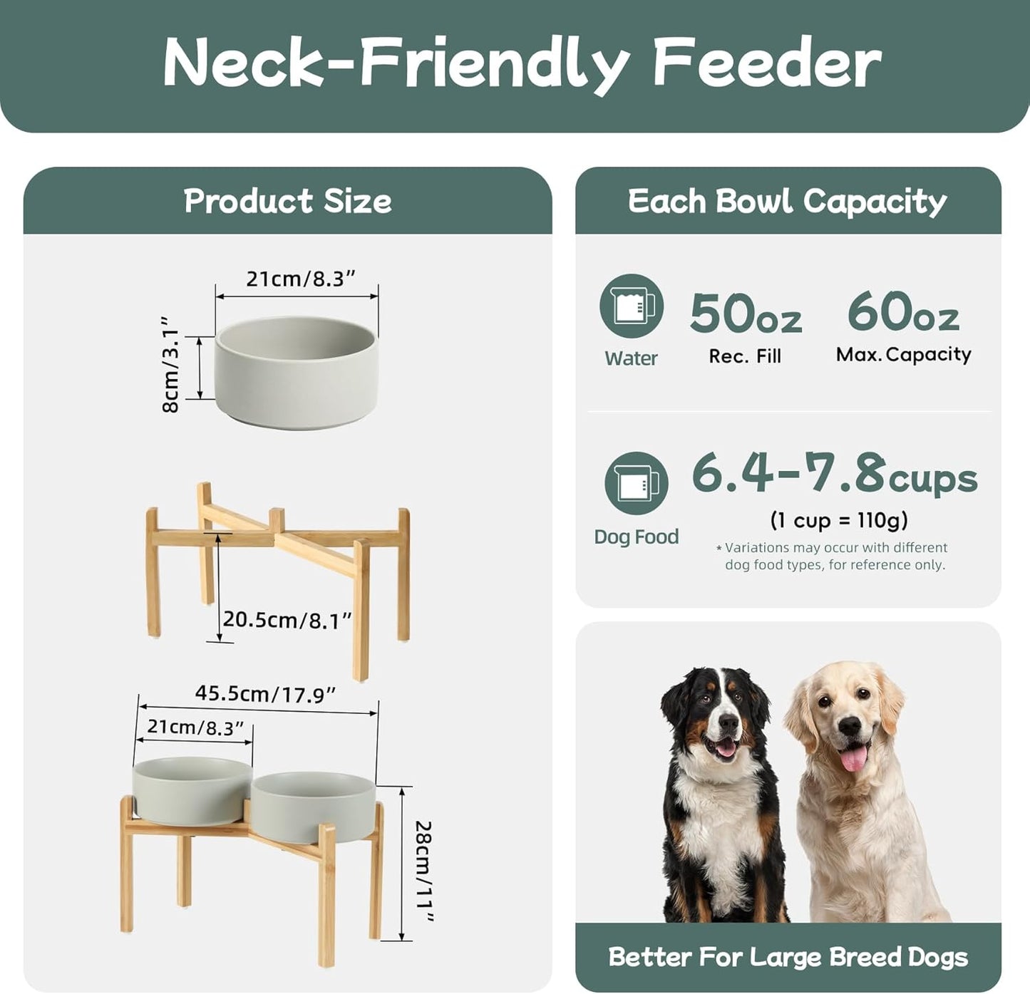 Havniva 8.3” Dog Bowls Elevated Ceramic Dog Food and Water Bowl, Raised Dog Water Bowl with Stand Non-Slip Rubber Base Large Capacity Feeding Pet Food Bowl for Large Dogs
