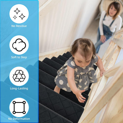 Art3d Stair Treads for Wooden Steps 15Pcs, 8" X 30" X 0.3" Non Slip Stair Runner Rugs with Reusable Adhesive for Elders Kids and Dogs, Washable Peel and Stick Stair Treads Carpet, Gray