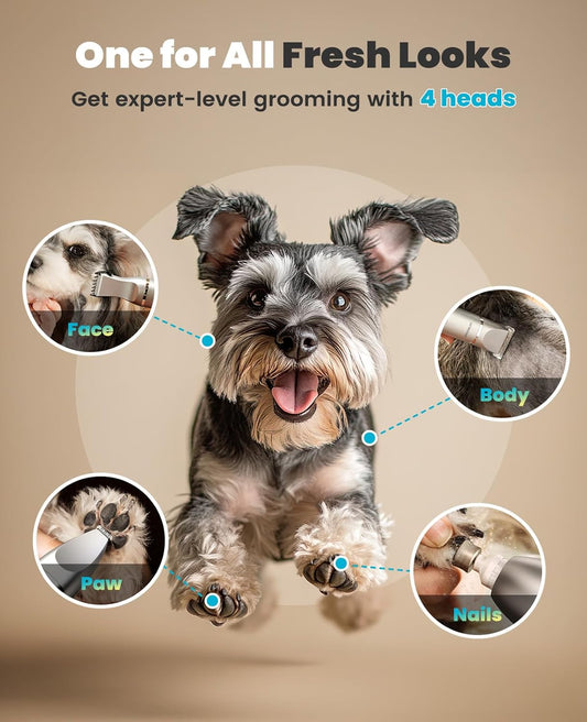 oneisall 4 in 1 Dog Grooming Kit with LCD Display, Dog Hair Trimmer for Paw Nail Grinder, Rechargeable Cordless Low Noise IPX7 Waterproof Pet Clippers