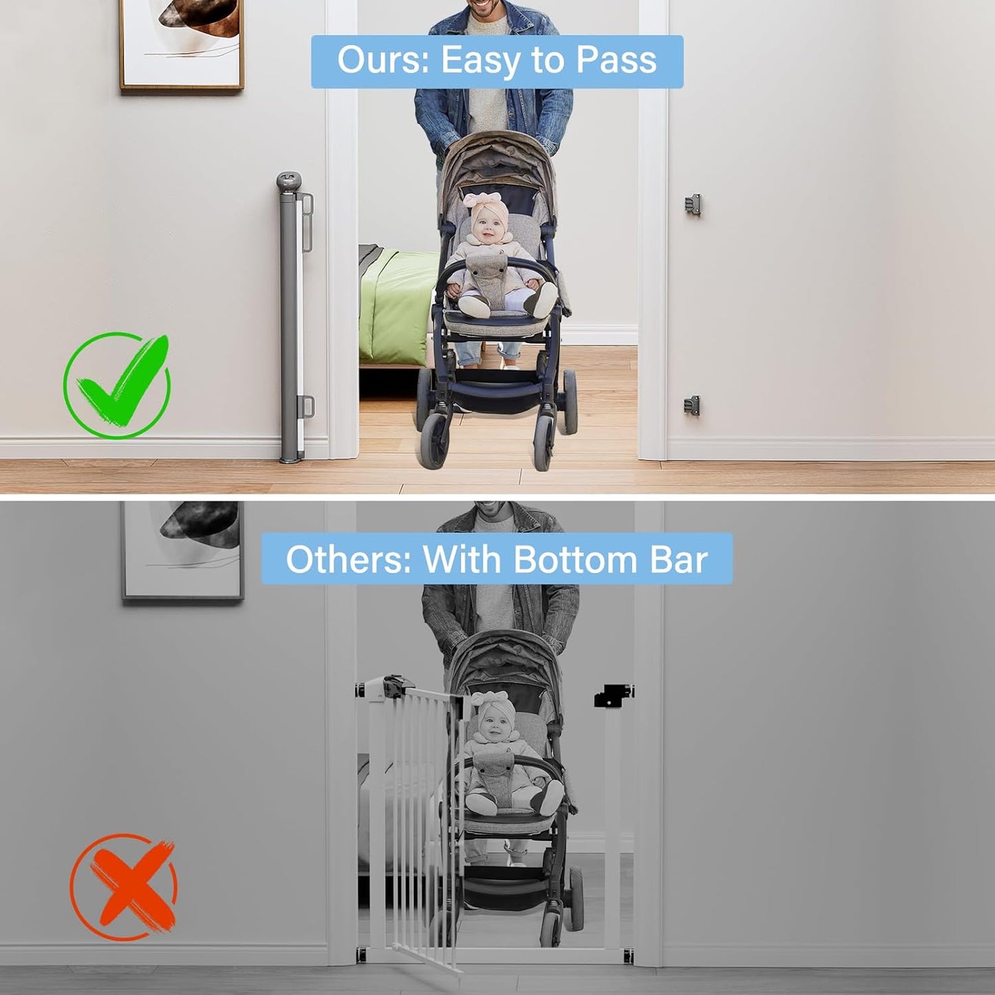 probebi Retractable Baby, Child & Dog Gates for Stairs, Extends to 54" Wide 34" Tall, Use for Outdoor, Indoor, Hallways, Doorways, Deck, Porch, Black