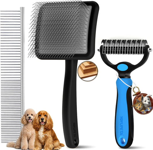 Large Dog Slicker Brush for Goldendoodles, Poodles - 3 in 1 Grooming Kit with Undercoat Rake, Comb - Extra Long Pins for Dematting Great Pyrenees, Thick Coats, Shedding, Detangling, Natural