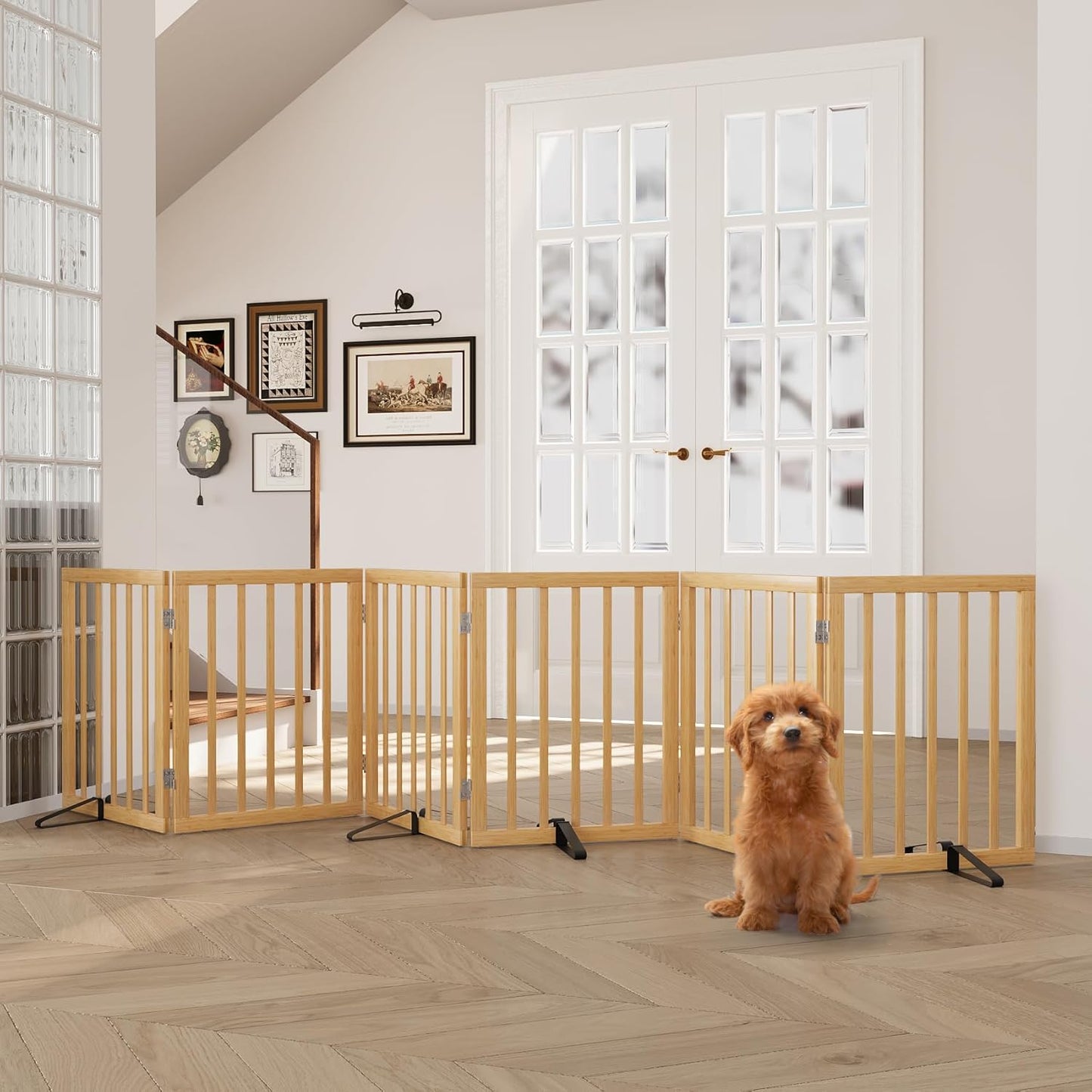 Freestanding Dog Gates Indoor, 3-Panel Pet Gates with 2 Metal Stands and 360° Hinge, 24" H Foldable Dog Gate for Stairs, Doorway, Kitchen, Expands Up to 55" Fully Assembled - Black Walnut