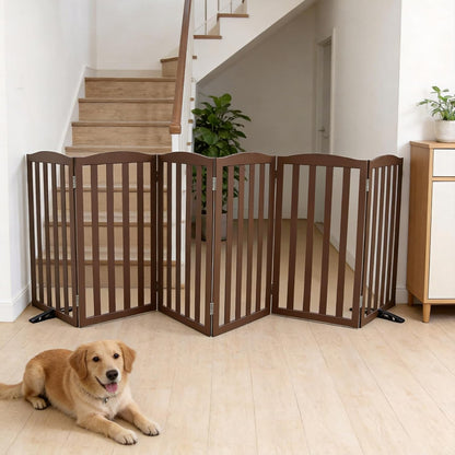 Freestanding Dog Gate Indoor,Doggie Gate Foldable Pet Gates for Doorways,Stairs or Hallways, Wooden Brown Pet Gate for the House, Pet Fence with Support Feet Included,24 "Height-3 Panels