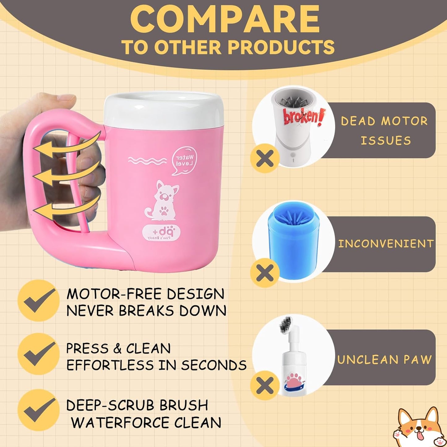 Medium Pet Paw Cleaner Cup - Easy Press Design Dog Foot Washer with Soft Massage Brush & Absorbent Towel - Reusable Durable Paw Cleaning Cup for Dogs Cats, Easy to Clean Handheld Bath Tool