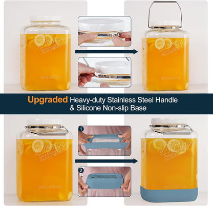 2 Pack 2 Gallon Glass Jar with Airtight Lid, 256 Oz Large Wide Mouth Mason Jar with Non-slip Base & Stainless Steel Handle - Glass Food Storage Containers for Flour, Cereals, Rice and Picking