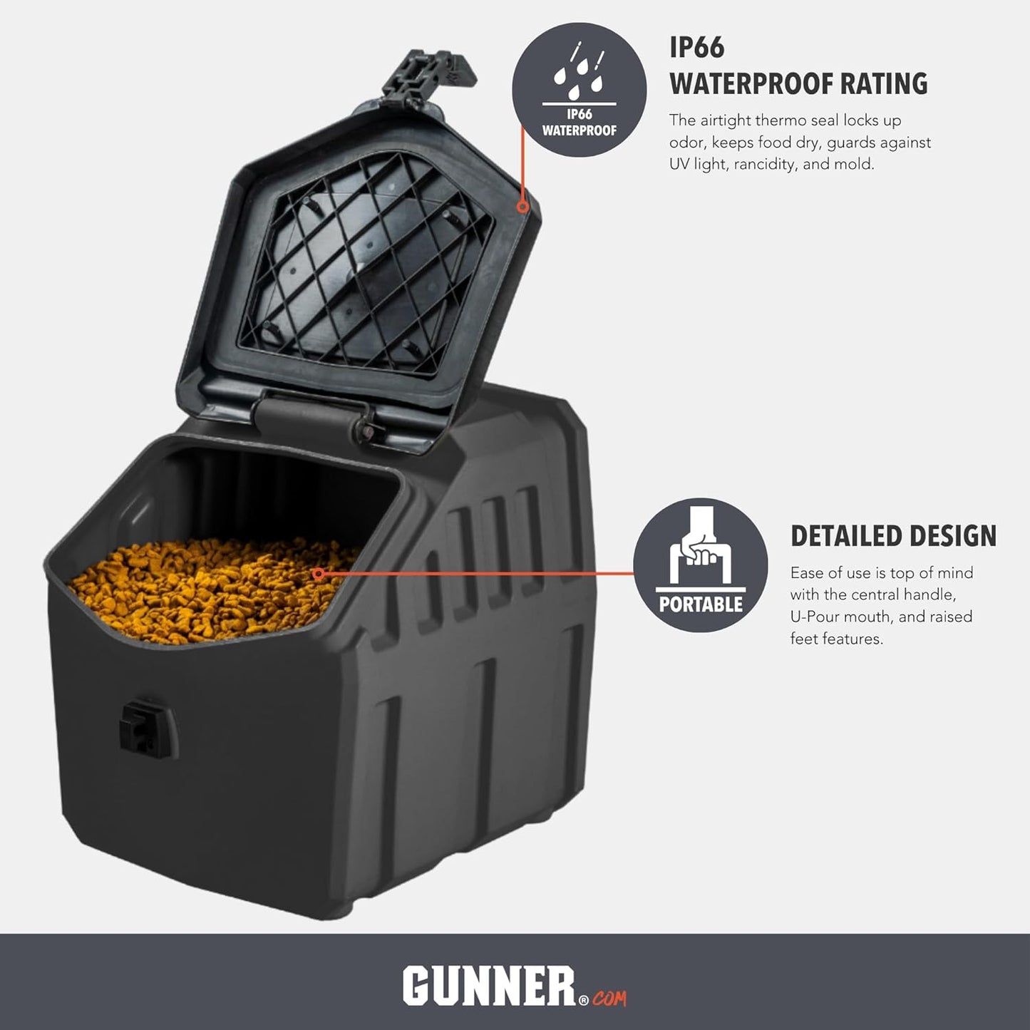 GUNNER 50 lbs Dog Food Storage Container - Waterproof & Airtight Pet Food Bin - Multi-Purpose Container for Dry Food, Corn, Chicken Feed, Treats, Bird Seed, & More - Gunmetal