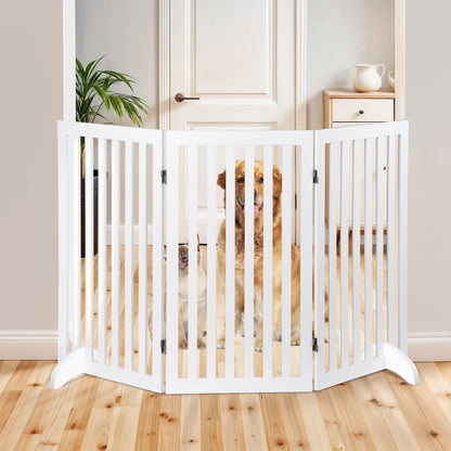 Freestanding Dog Door Indoor Folding Puppy Gate for Doorways Stairs 4-Panel Wood Pet Safe Barrier Fence for Hallways, Gray