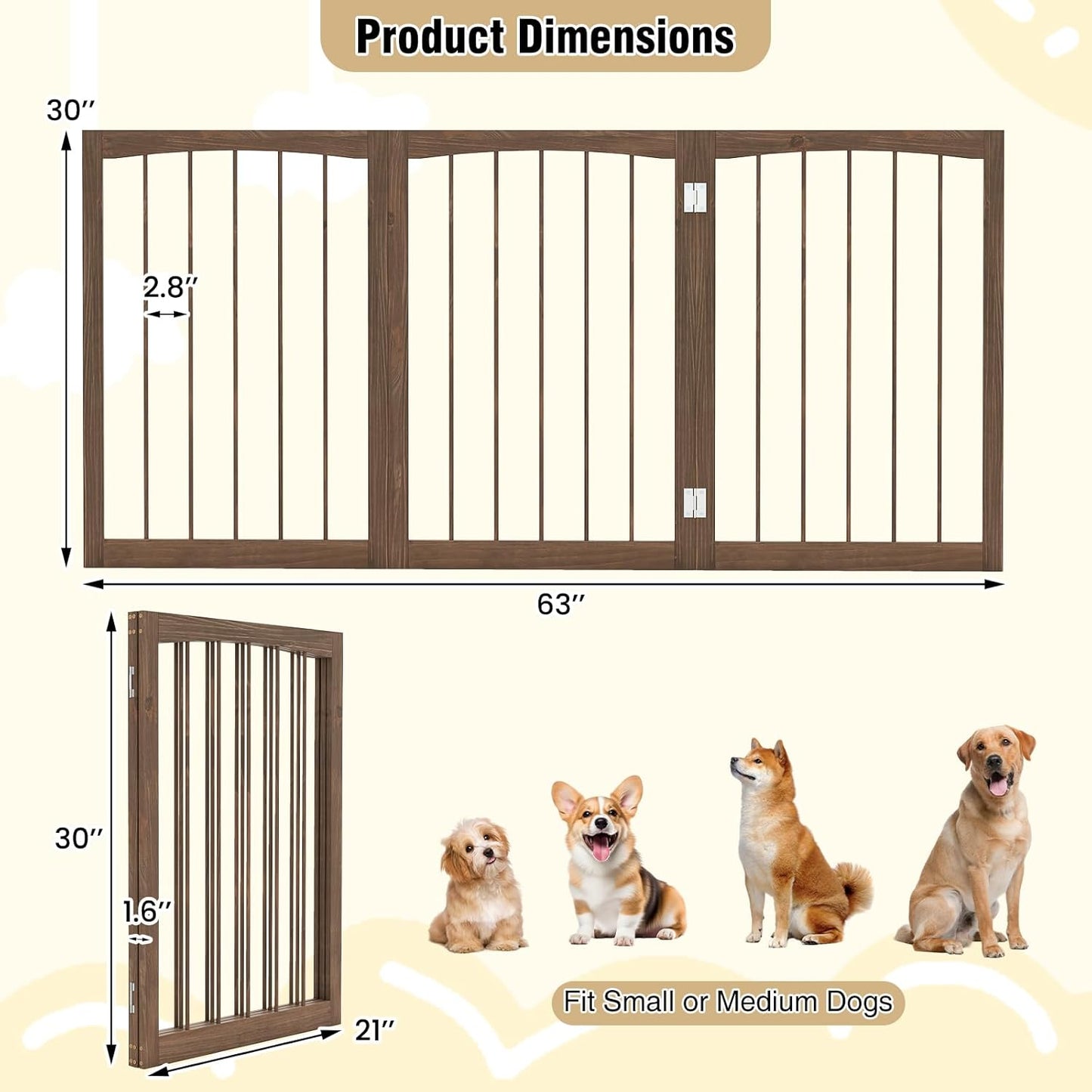 PETSITE 3-Panel Foldable Dog Gate Indoor, 30 Inch Height Wooden Freestanding Pet Fence for Stairs, Hallways, and Doorways, Ideal for Small Sized Pets (Grey)