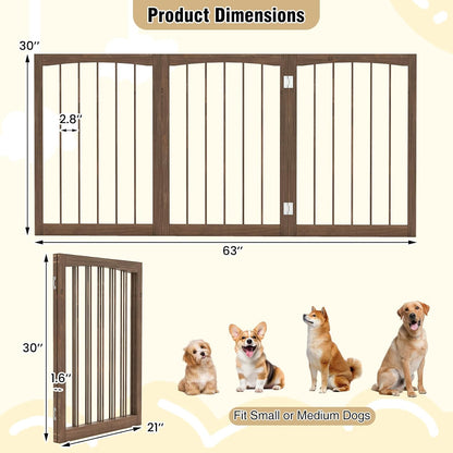 PETSITE 3-Panel Foldable Dog Gate Indoor, 30 Inch Height Wooden Freestanding Pet Fence for Stairs, Hallways, and Doorways, Ideal for Small Sized Pets (Grey)