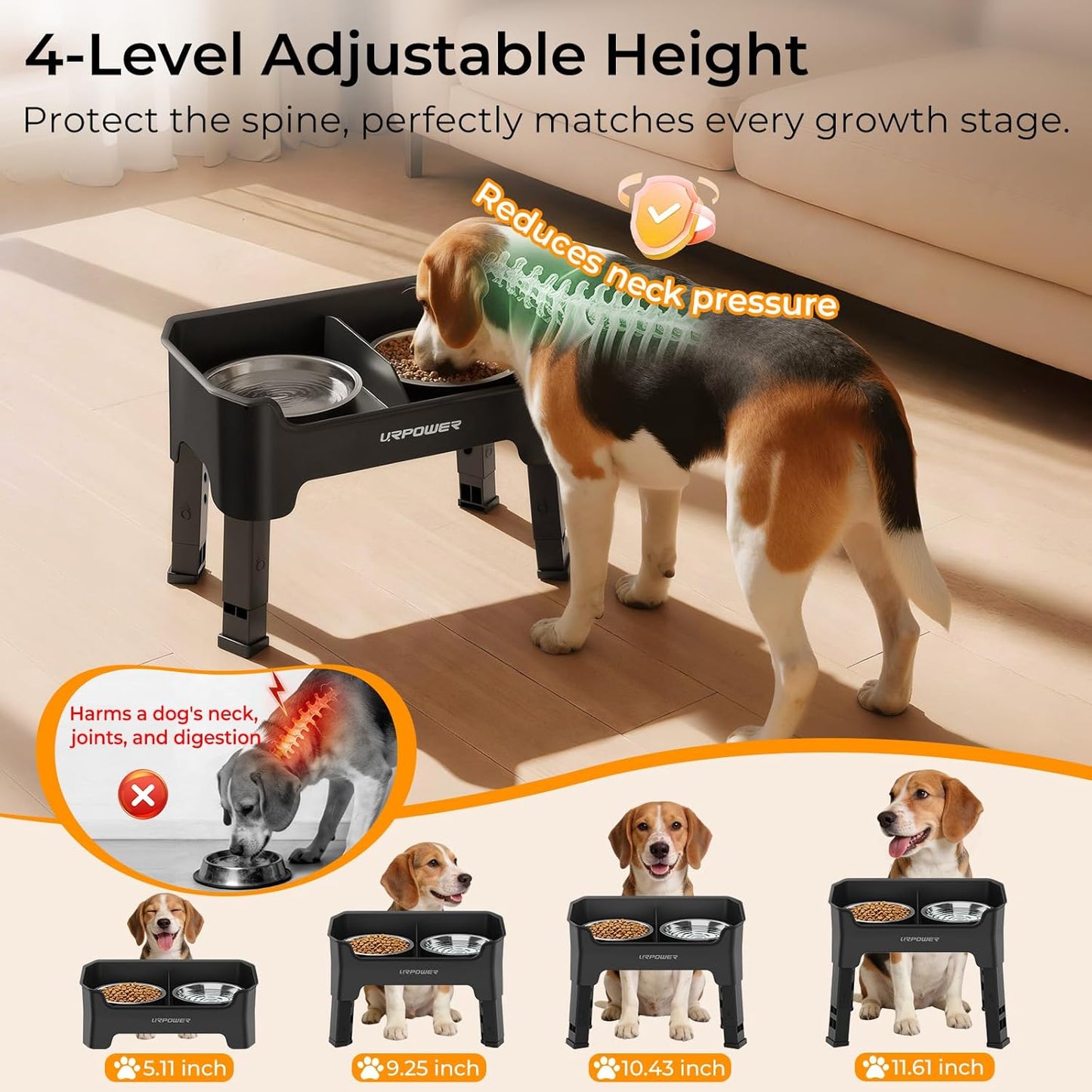 URPOWER 3-in-1 Elevated Dog Bowls - Mess Proof Double Deck 4 Height Adjustable Raised Stand with 2 Stainless Steel Food Bowls & Licking Plate for Small, Medium & Large Dogs