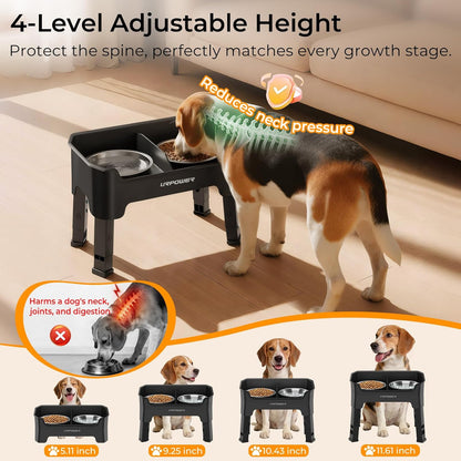 URPOWER 3-in-1 Elevated Dog Bowls - Mess Proof Double Deck 4 Height Adjustable Raised Stand with 2 Stainless Steel Food Bowls & Licking Plate for Small, Medium & Large Dogs