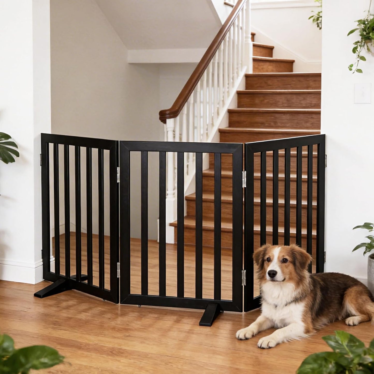 ZJSF Freestanding Indoor Dog Gate for House Foldable Wood Puppy Gate for Doorways Pet Gate for Stairs Extra Wide Pet Fence, Brown, 24" Height 3 Panels