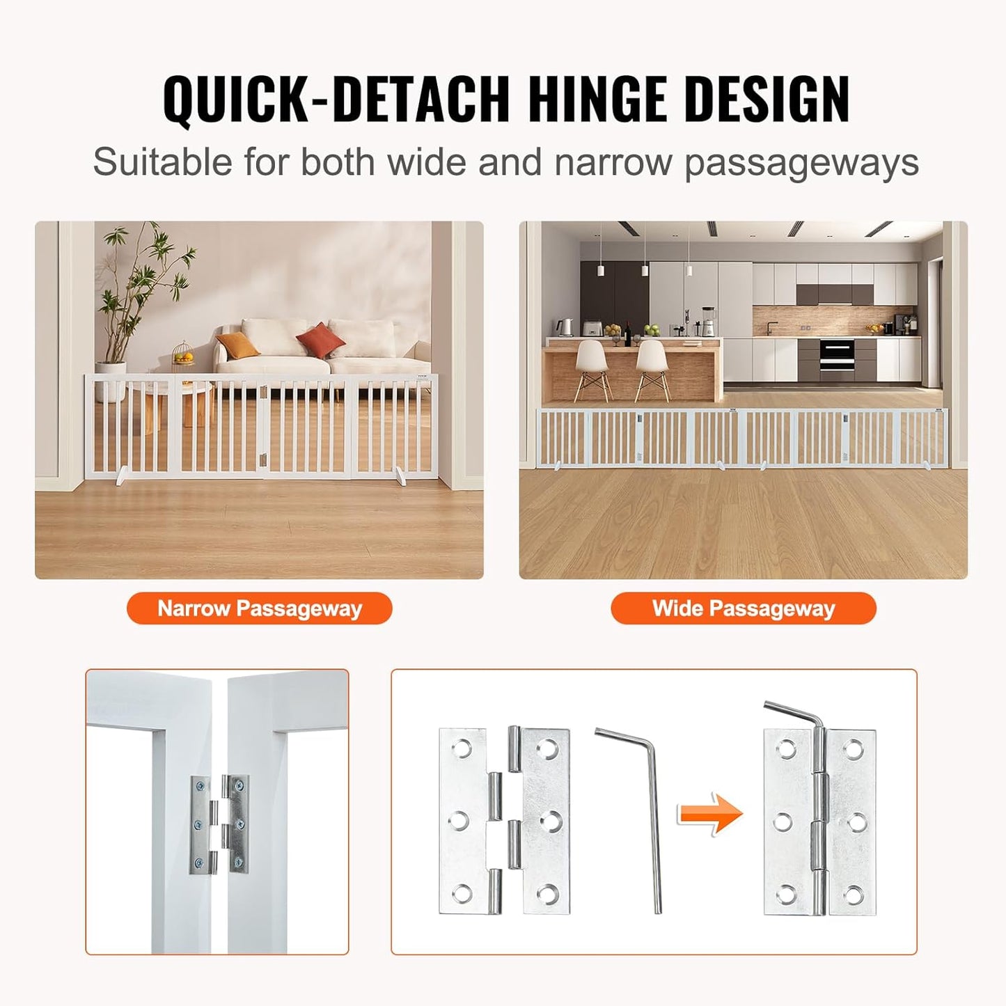 VEVOR Freestanding Pet Gate, Wooden 24" H x 80" W, 4-Panel Foldable Gate for Wide & Narrow Passageways, Expandable Dog Barrier with Silent Foot Support, White