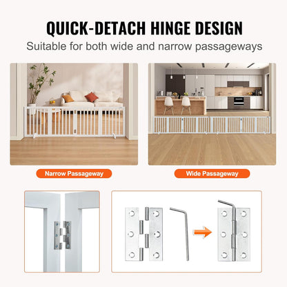 VEVOR Freestanding Pet Gate, Wooden 24" H x 80" W, 4-Panel Foldable Gate for Wide & Narrow Passageways, Expandable Dog Barrier with Silent Foot Support, White