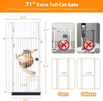 71" Extra Tall Pet Gate with Cat Door, Walk Through Pet Gate Pressure Mounted No Drilling, 28.7"-37.5" Wide, Auto Close Metal Safety Barrier for Stairs Hallway House, White