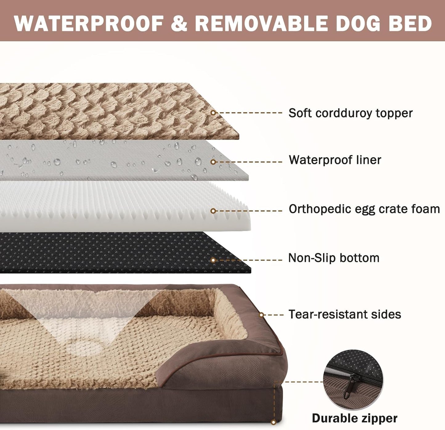 INVENHO Orthopedic Dog Beds Large Sized, XL Washable Dog Sofa with Egg-Crate Foam, Waterproof Lining and Non-Skid Bottom
