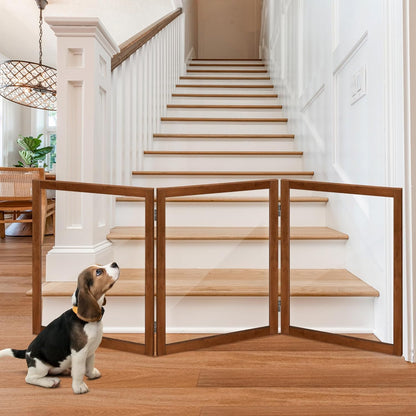 LZRS Clear Dog Gate for Indoor Use - Transparent Pet Fence with Solid Hardwood and Plastic Board, Stylish & Durable freestanding Pet Gate for Doorways, Stairs and Hallways-2 Panel Cherry