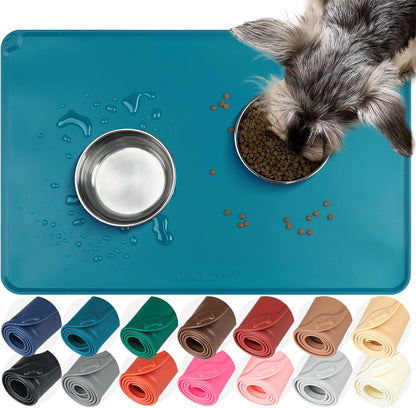 VIVAGLORY Dog Food Mat Flexmat Dog Bowl Mat, Placemat Food Tray with Raised Edges & Lip for Indoor Floor, Non Slip Waterproof Silicone Dish Placemat for Cat & Pet, S, Grey